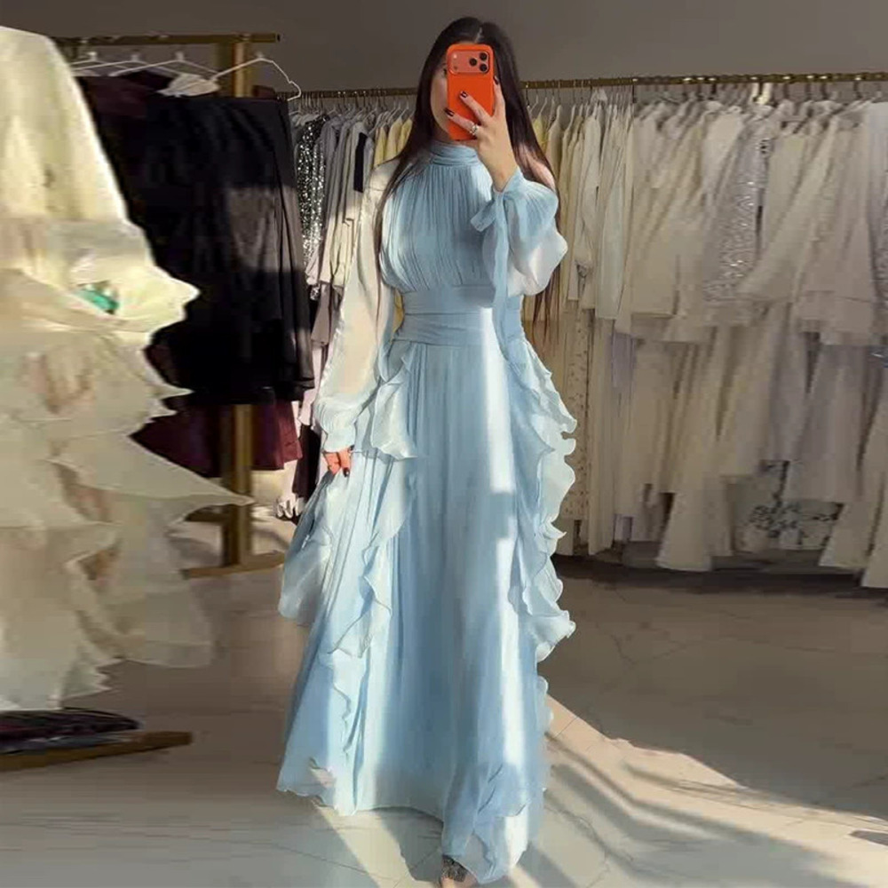 Forever 21 Light Blue Round-Neck Flounce Pleated Waist Cinching Maxi Dress